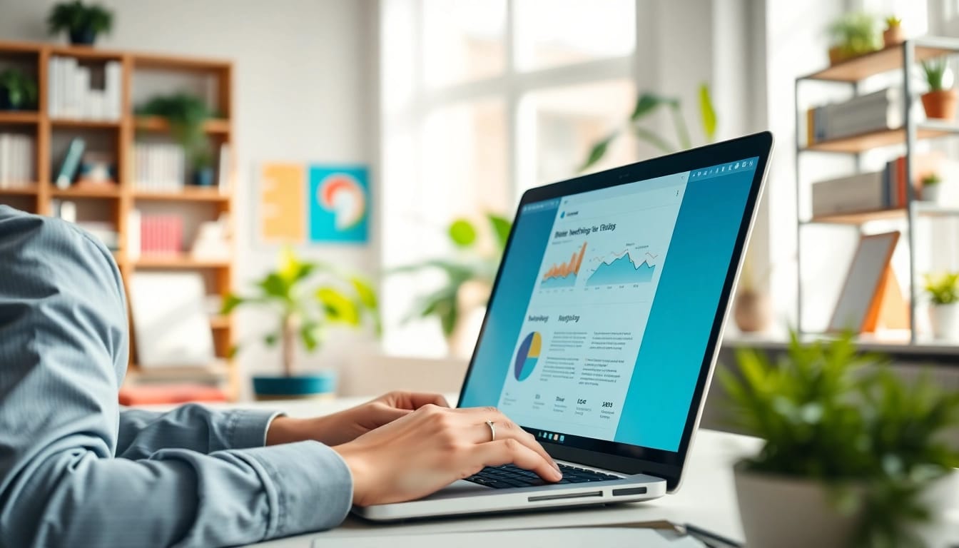Marketer optimizing hubspot marketing email in a vibrant modern office setting.