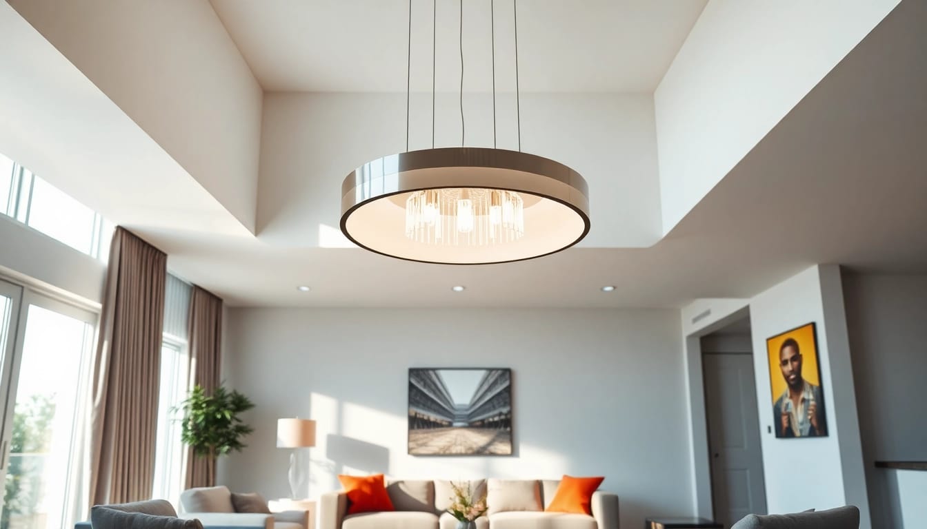 Shop ModernLighting with a sleek fixture illuminating a contemporary living room setting.