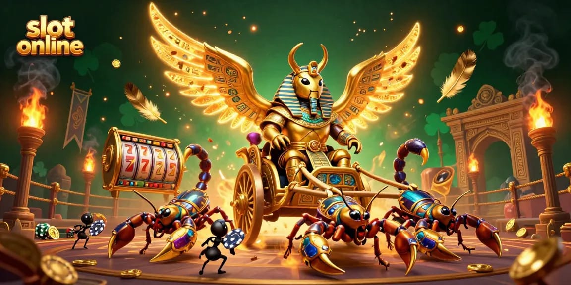 Spin reels and win big with the captivating slot online scene featuring a golden scarab and scorpions.
