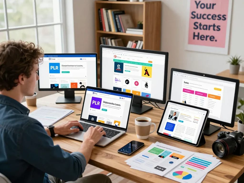 Entrepreneur exploring PLR Digital Products for Sale in a modern workspace with marketing tools.