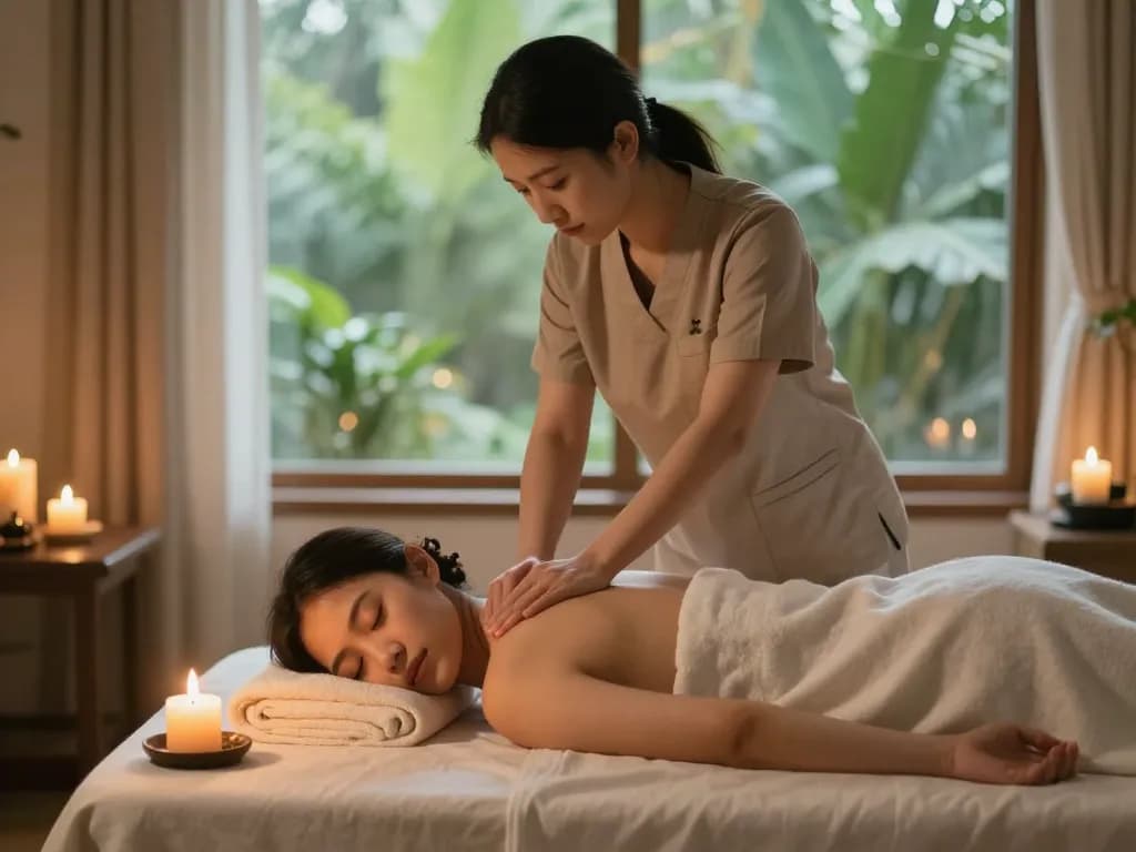 A serene scene at https://www.makangs.com/ showcasing a client enjoying a Swedish massage in a tranquil spa setting, filled with candles and greenery.