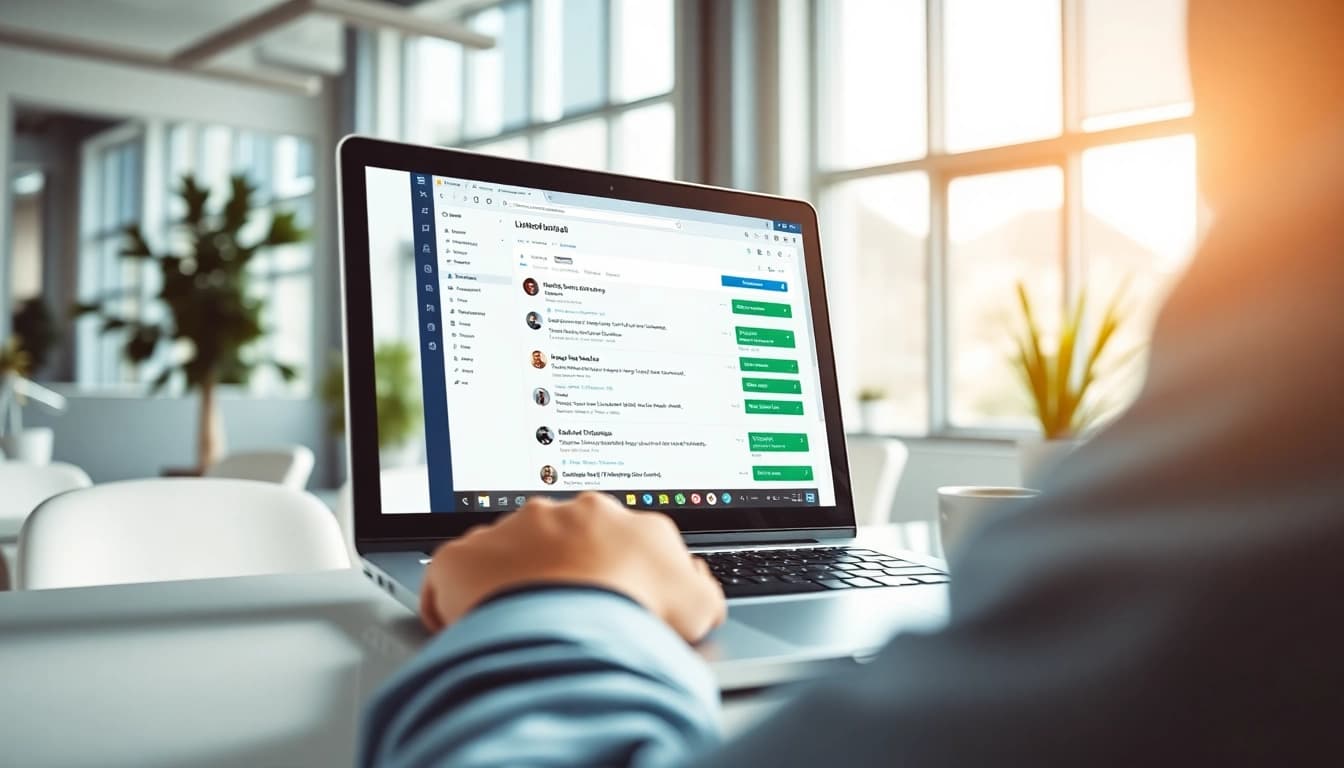 Scrape LinkedIn search results on a laptop in a modern office environment.