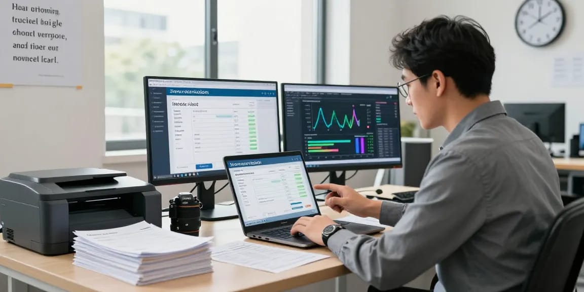 Detect fake invoice through advanced AI technology in a modern office.