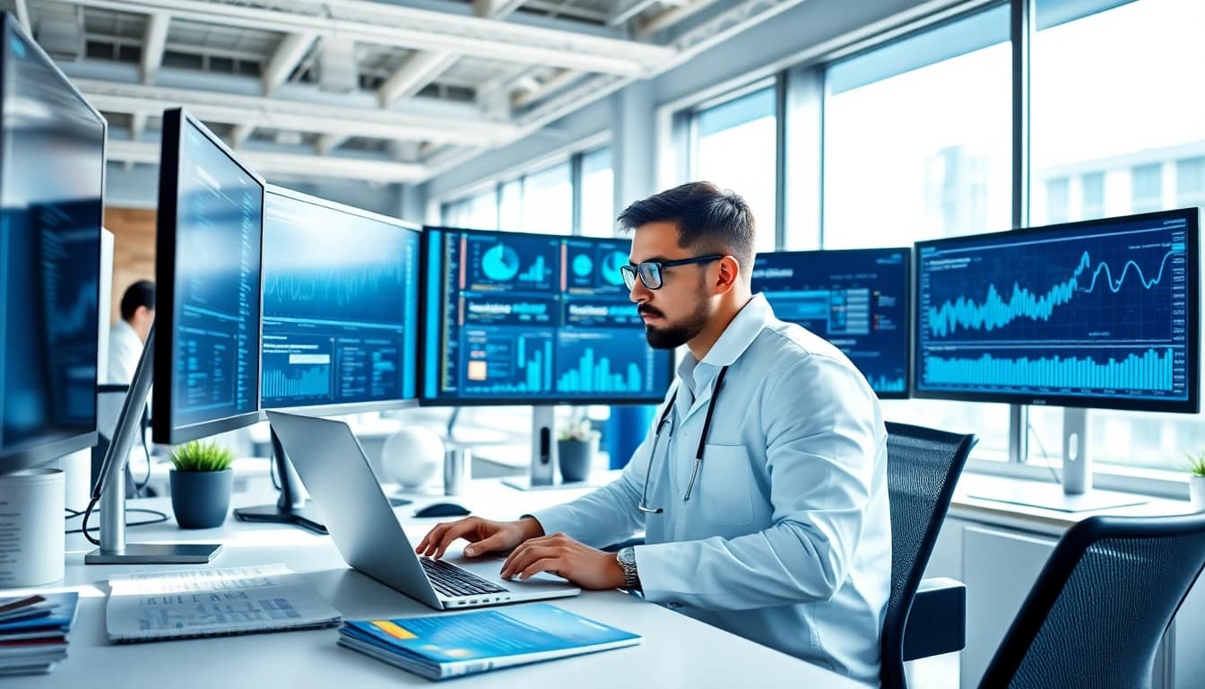 Engaging scene of technology application in data science within a modern office.
