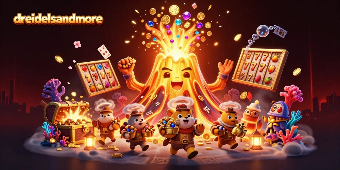 Experience a magical gameplay adventure with dreidelsandmore, featuring a triumphant volcano erupting treasures amidst vibrant casino elements!