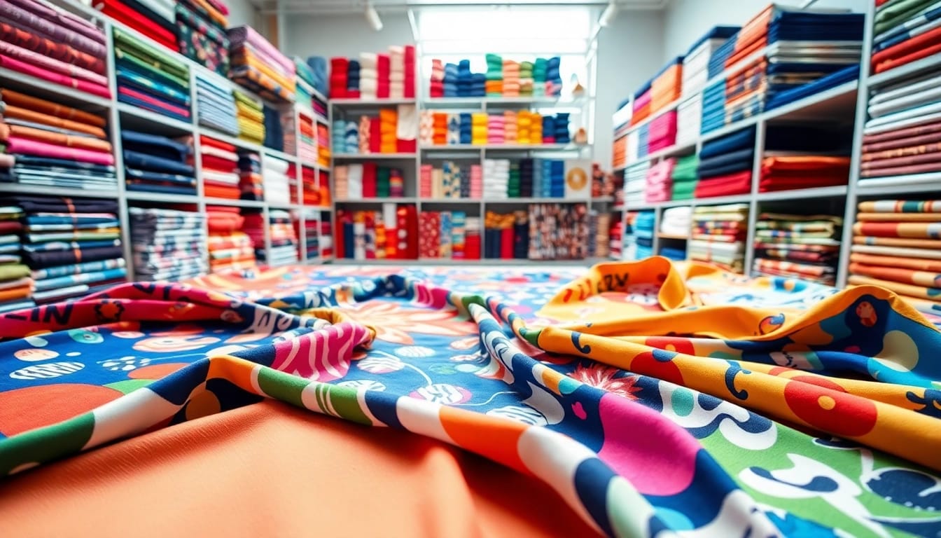 Bekijk het uitgebreid assortiment bedrukte tricot met levendige prints in een stijlvolle showroom.