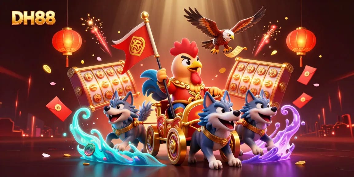 Engage in thrilling gameplay with DH88's dynamic casino scene featuring a rooster warlord and slot machines.