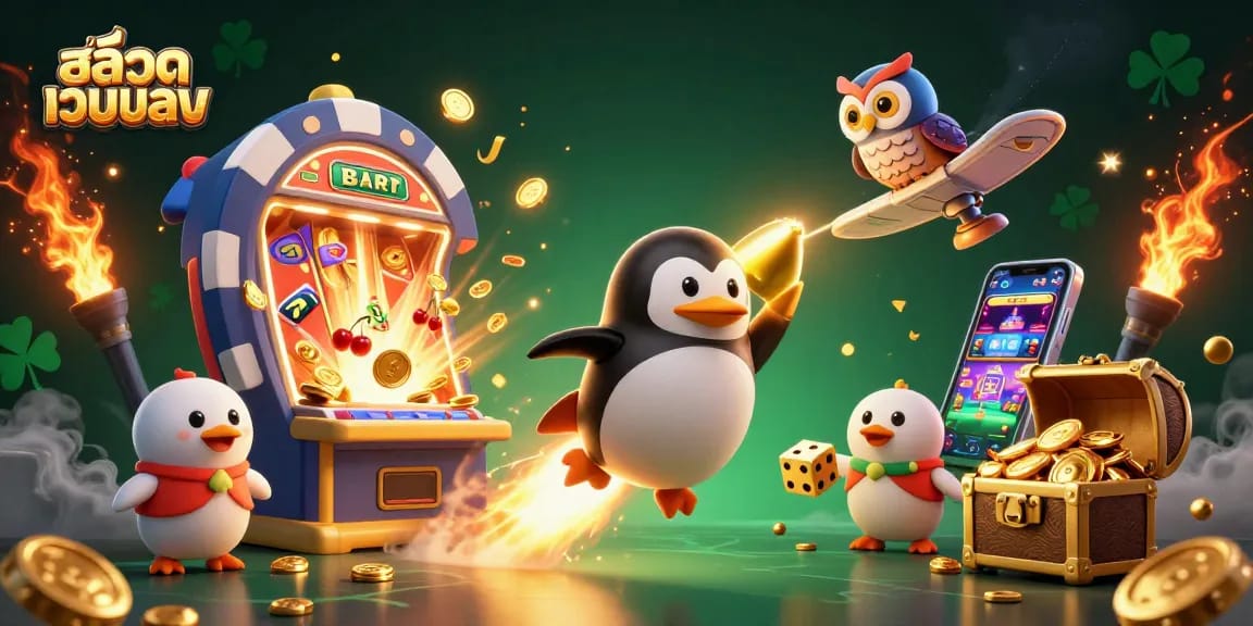 Experience thrilling wins at สล็อตเว็บตรง with a vibrant 3D casino scene featuring golden penguins, slot machines, and treasure.