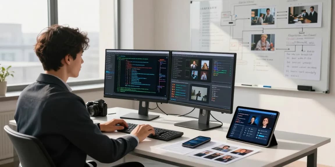 AI image detector analyst using dual monitors for image analysis in a modern workspace.