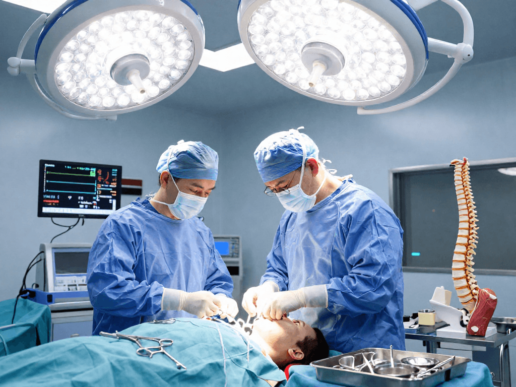 Bel kayması ameliyatı procedure in a modern operating room showcasing skilled surgical techniques and teamwork.