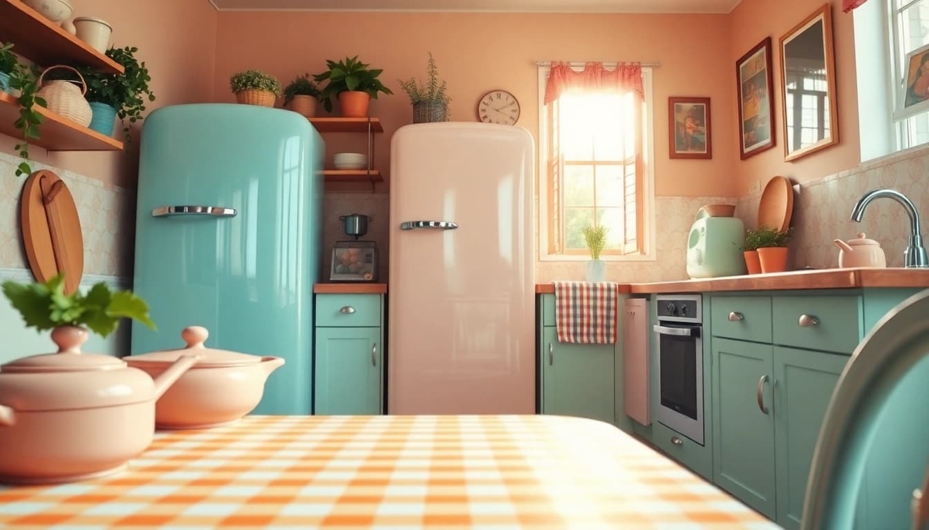 A stunning retro appliance acts as the centerpiece in a cheerful, vintage-inspired kitchen.