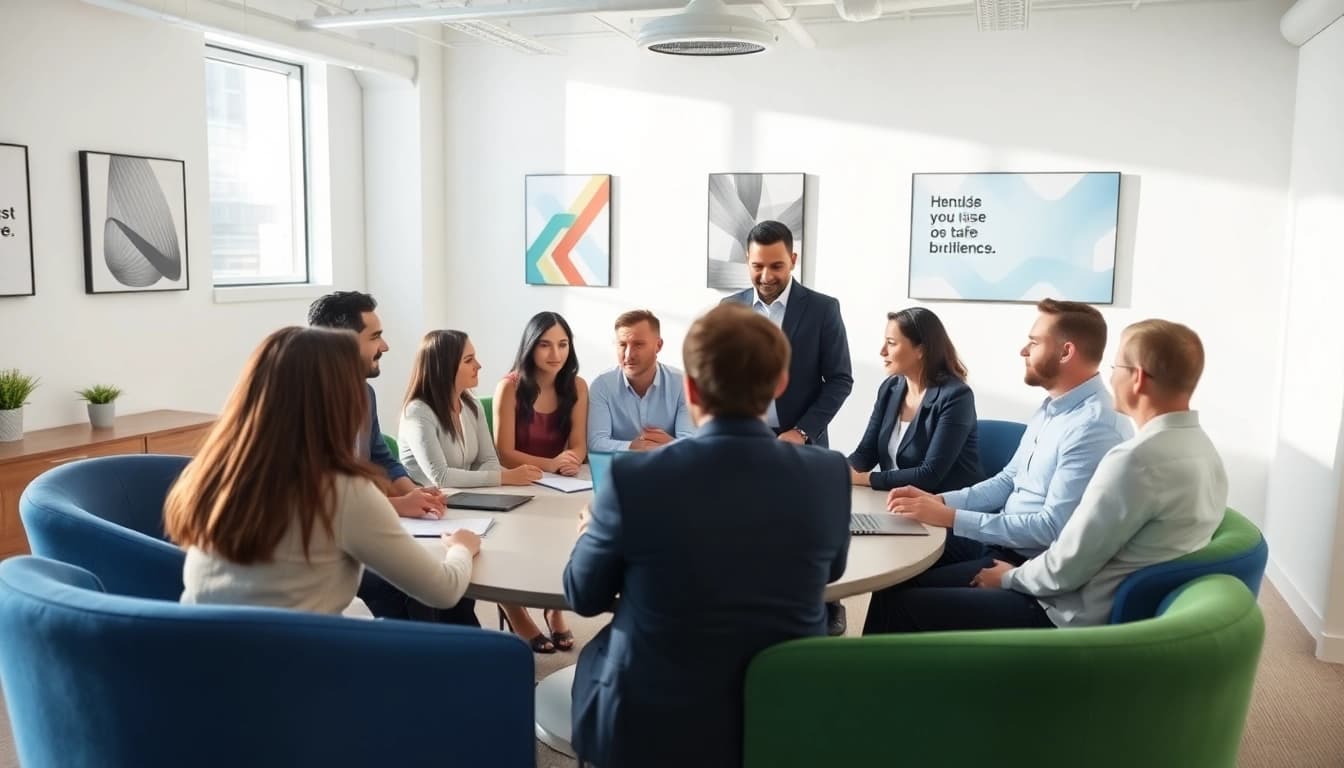 Mediation session in a modern office with diverse participants discussing solutions.