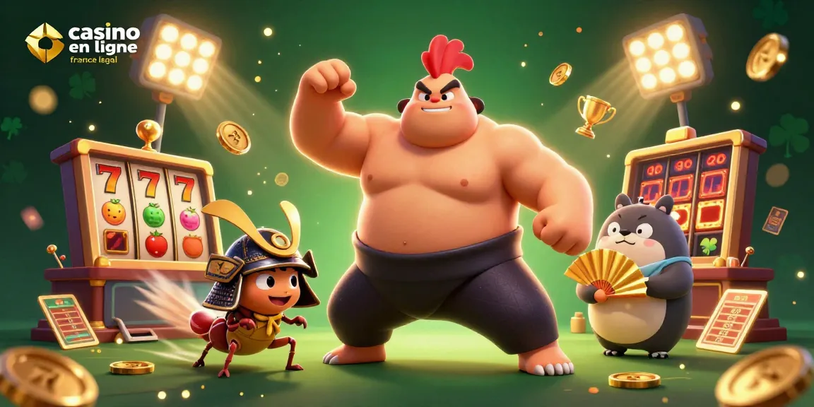 Représentation dynamique d'un casino en ligne légal en France intégrant un sumo, un criquet et un tanuki.