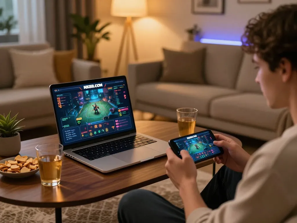 Engaging online gaming session at NK88.COM with a vibrant interface displayed on a laptop in a cozy living room.