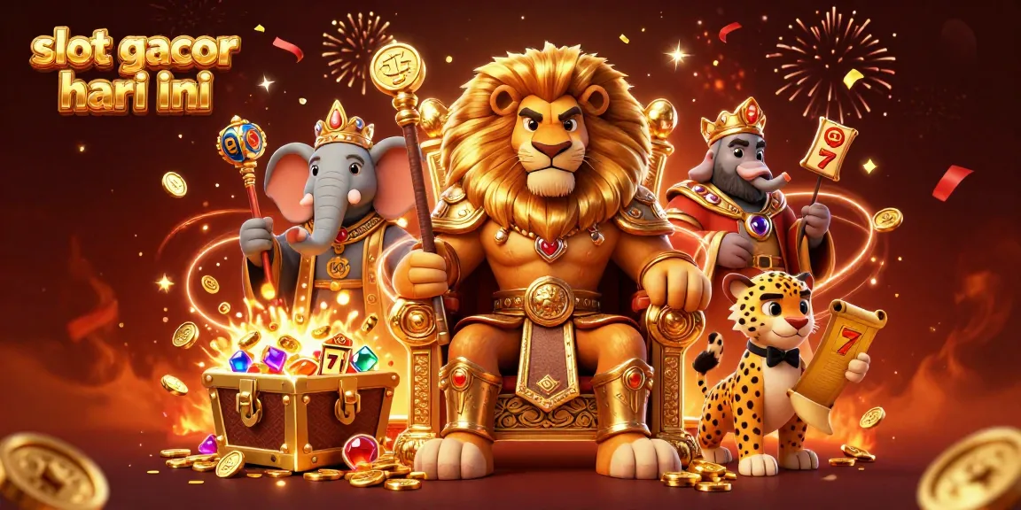 Menangkan jackpot dengan slot gacor hari ini, dikelilingi elemen keberuntungan seperti koin emas dan simbol slot.