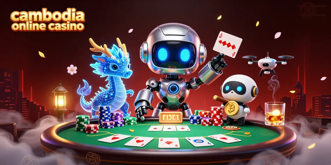 Cambodia online casino scene showcasing a cyberpunk robot and a dragon companion at a vibrant poker table