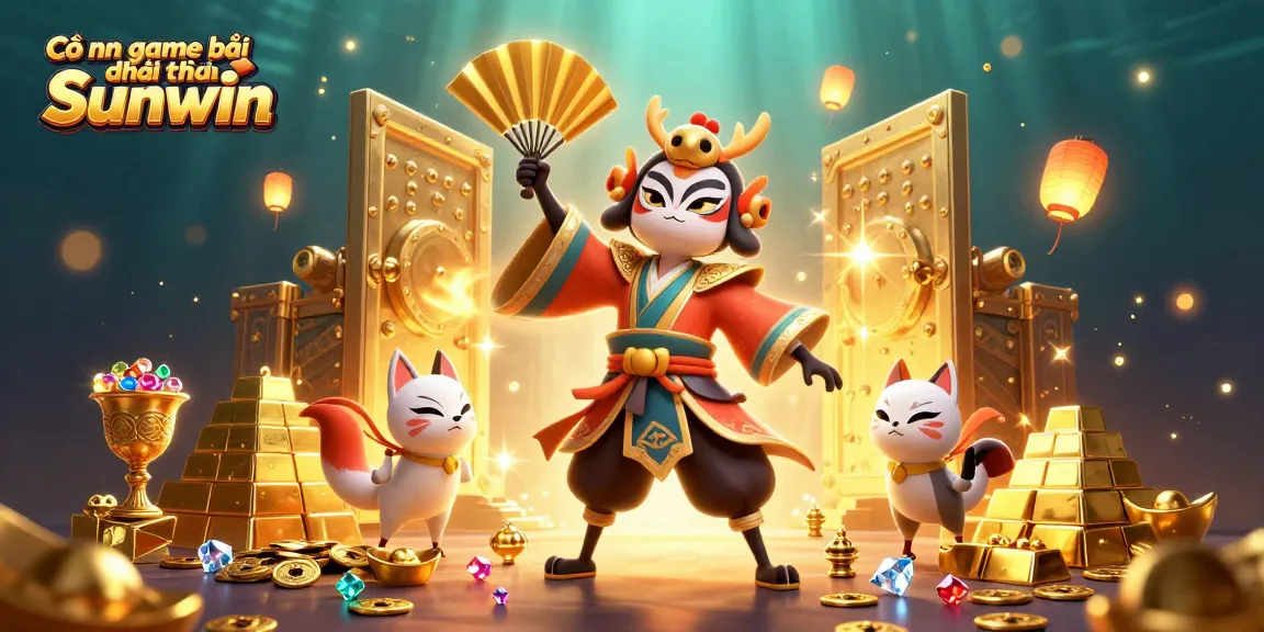 Cổng game bài đổi thưởng Sunwin offers an adventurous dynamic scene with colorful characters amidst treasures and casino elements.