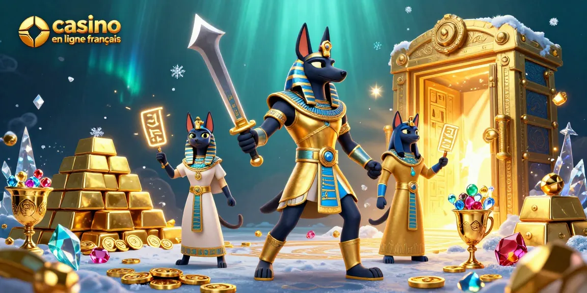 Expérience unique de casino en ligne français avec Anubis et Bastet entourés de trésors scintillants.