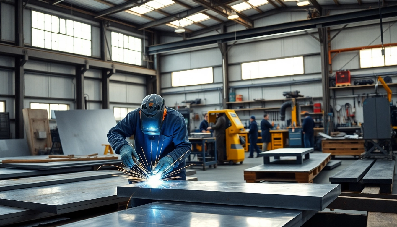 Artisans engaged in custom steel fabrication, showcasing skilled metalworking techniques in a bright workshop.