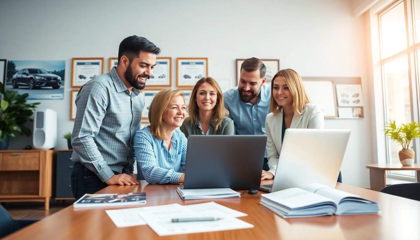 Engaging vehicle service contract provider team showcasing professionalism and trust in a bright office.