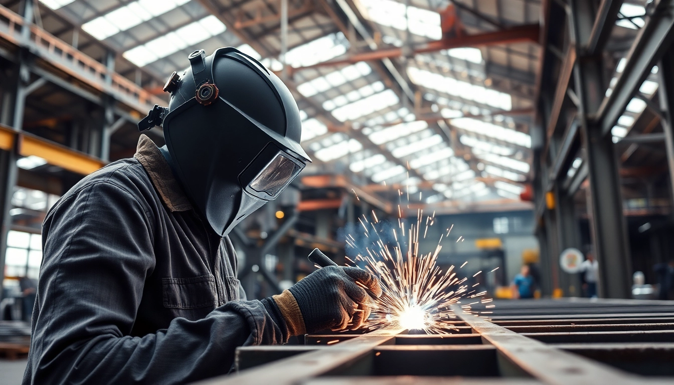 Welder performing structural steel welding in a bright workshop, showcasing precise techniques and vibrant sparks.