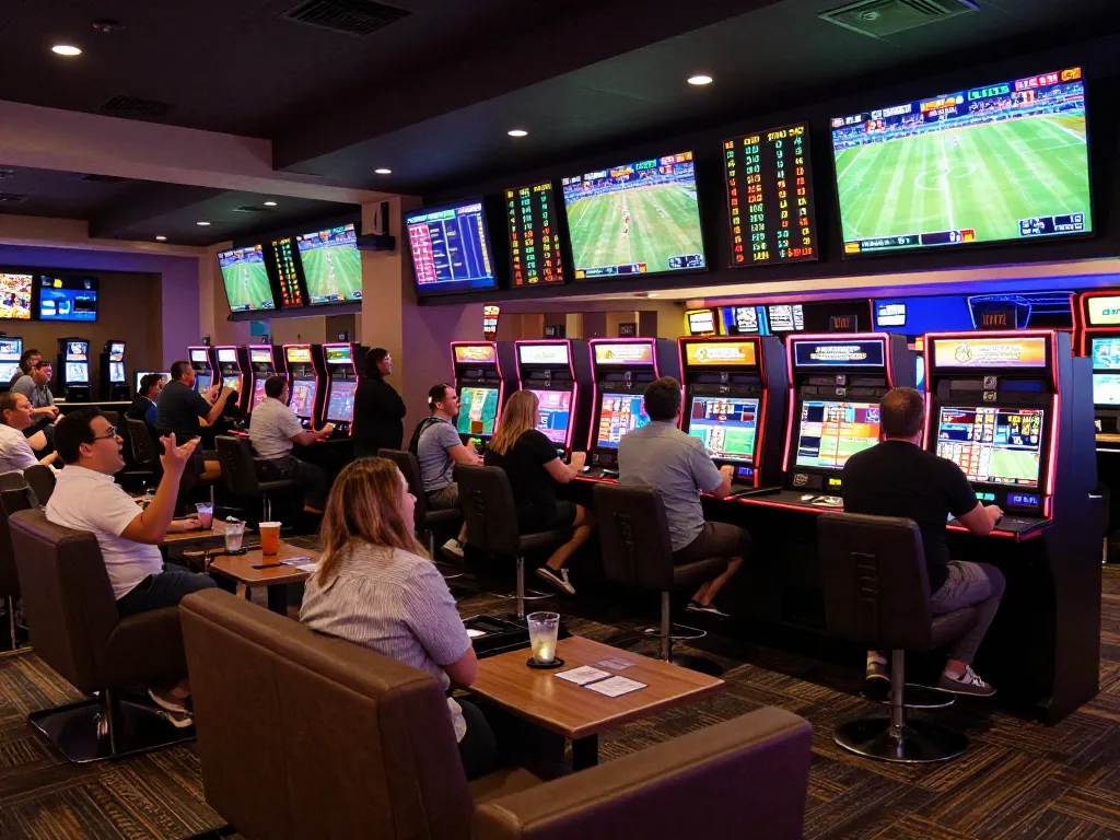sh bet excitement in a modern sports betting lounge with patrons engaged in live games and odds displays