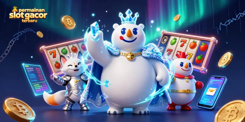 Gambarkan permainan slot gacor terbaru yang menarik dengan karakter raja beruang kutub dan rubah salju dalam ilustrasi 3D.