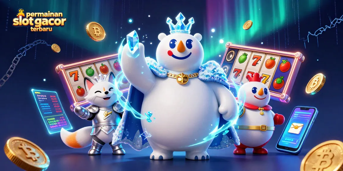 Gambarkan permainan slot gacor terbaru yang menarik dengan karakter raja beruang kutub dan rubah salju dalam ilustrasi 3D.