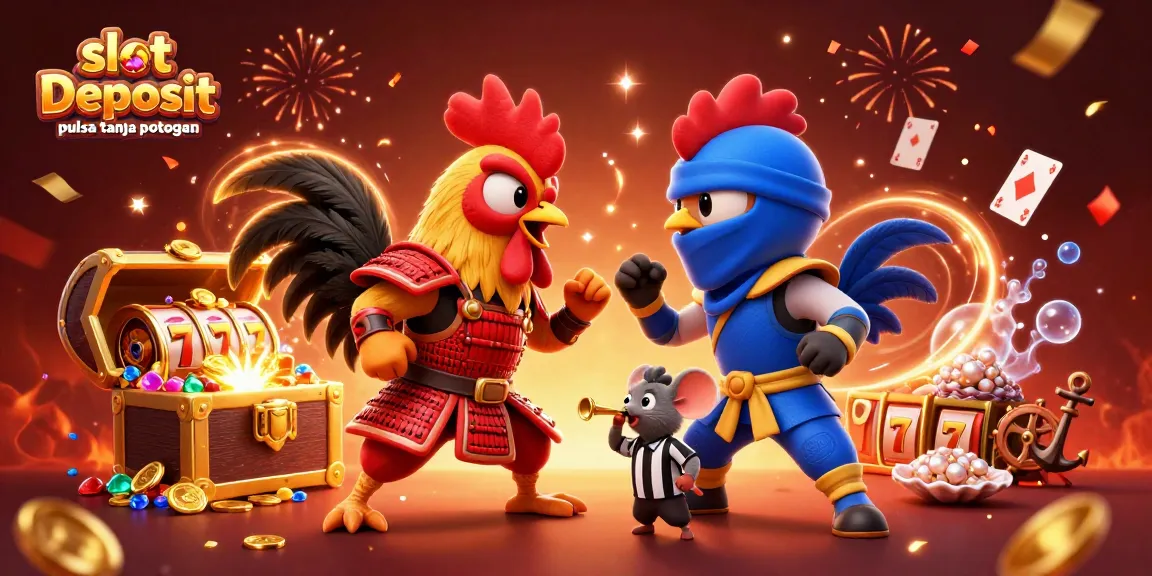 Permainan slot deposit pulsa tanpa potongan menghadirkan ayam jantan bertarung di arena, dengan makhluk laut berkilau.