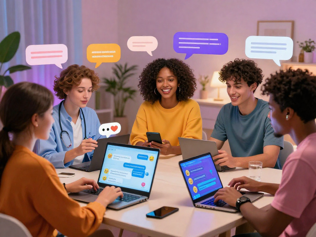 A diverse group enjoying a lively sex AI chat session in a vibrant digital space, enhancing user interaction.