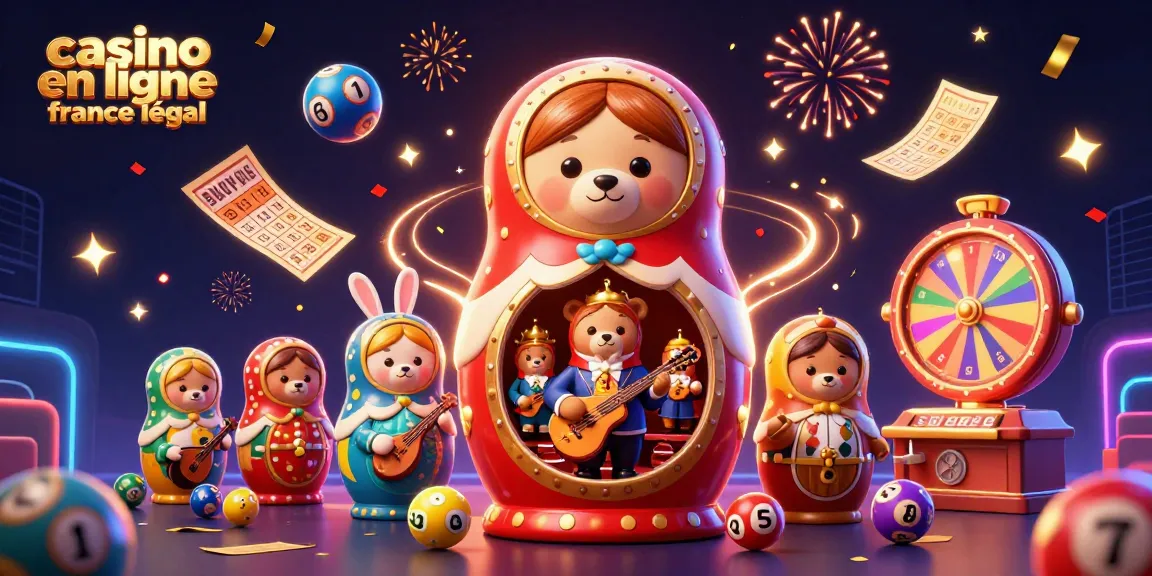 Illustration dynamique représentant des jeux de casino en ligne France légal, avec une ourse Matryoshka et des éléments de loterie.