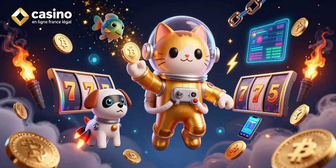 Visualisez un chat astronaute et un chien robot jouant dans un casino en ligne France légal rempli de symbole de jeux.