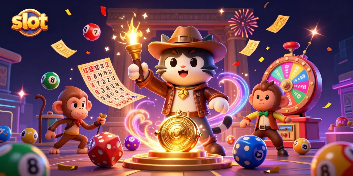 Win big with slot games as an explorer cat discovers casino treasures amid dynamic lottery elements.