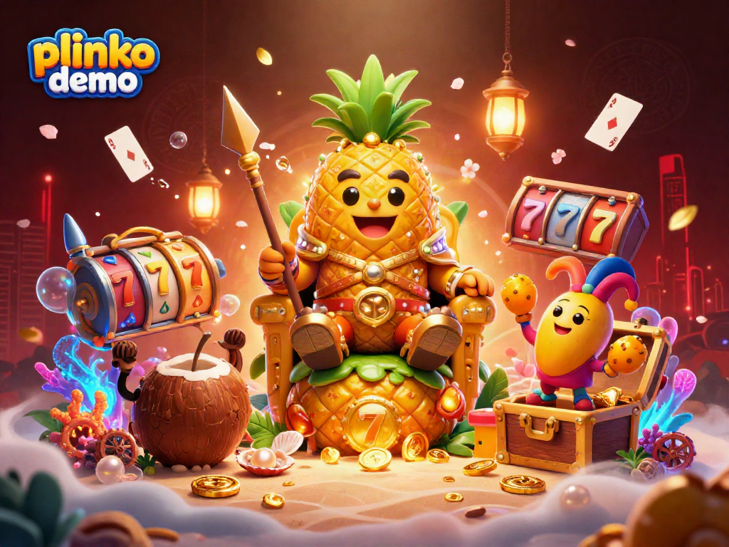 Engaging and vibrant plinko demo illustration featuring a golden pineapple king and lively casino elements.