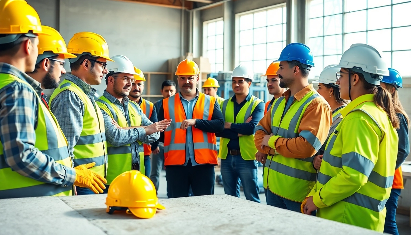 Construction safety training session with diverse workers learning safety protocols in an engaging environment.