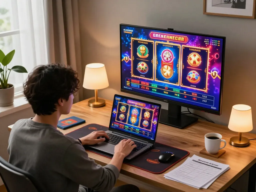 Engaging gaming moment showing a player focused on slot gacor gampang menang while using a laptop at home.