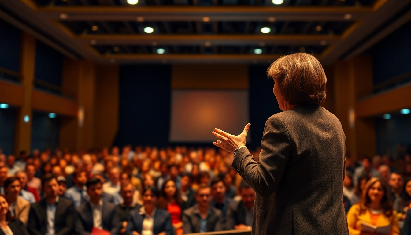 Captivating scene of overcoming fear of public speaking with a confident speaker engaging an attentive audience.