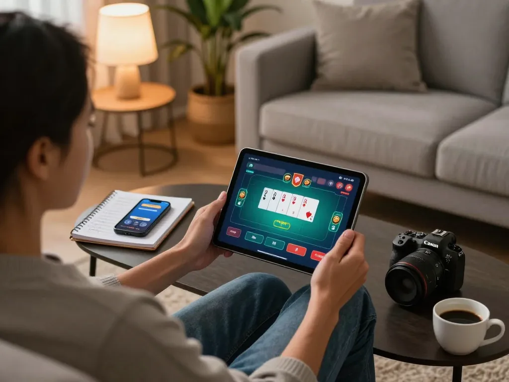 Engaged in online poker with SC88 app on tablet in a cozy living room setting.