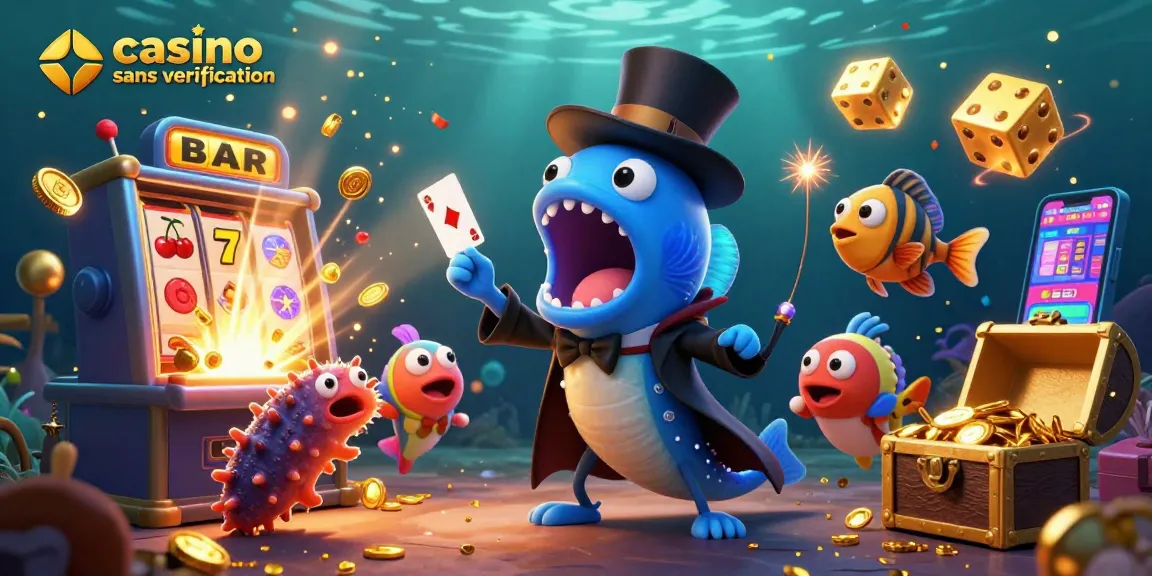 Illustration 3D dynamique d'un casino sans vérification avec un poisson-lanterne et une anguille gulper.