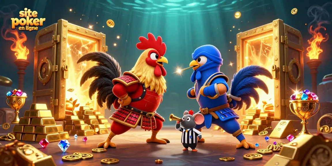 Jouez au site poker en ligne avec des personnages de coqs en combat, autour de trésors brillants.