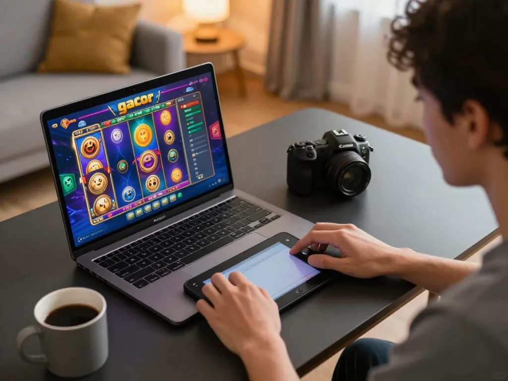 Player engaged in slot gacor action with vibrant game display at home on laptop