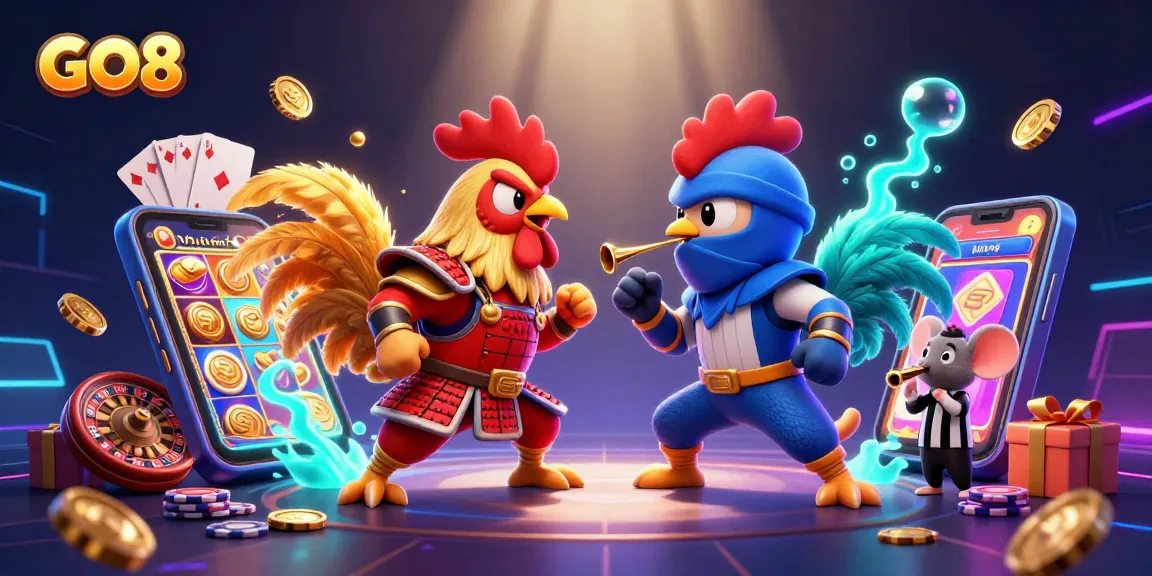 GO8 showcases an intense battle between roosters amid colorful casino elements and vibrant effects.