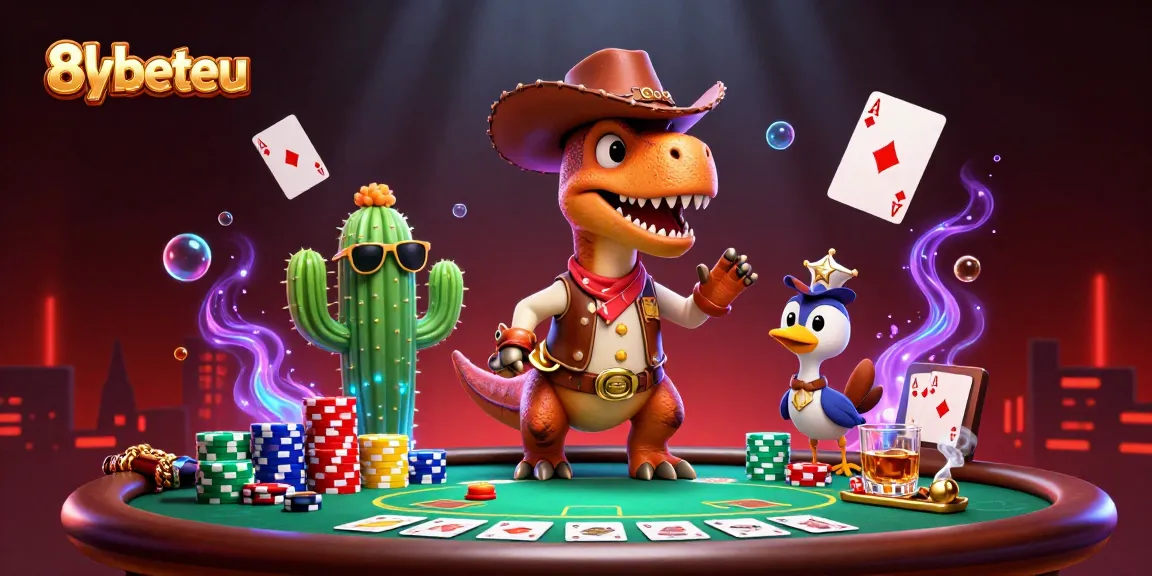 Experience thrilling poker with 8xbeteu in a vibrant 3D illustration featuring a T-Rex dealer.