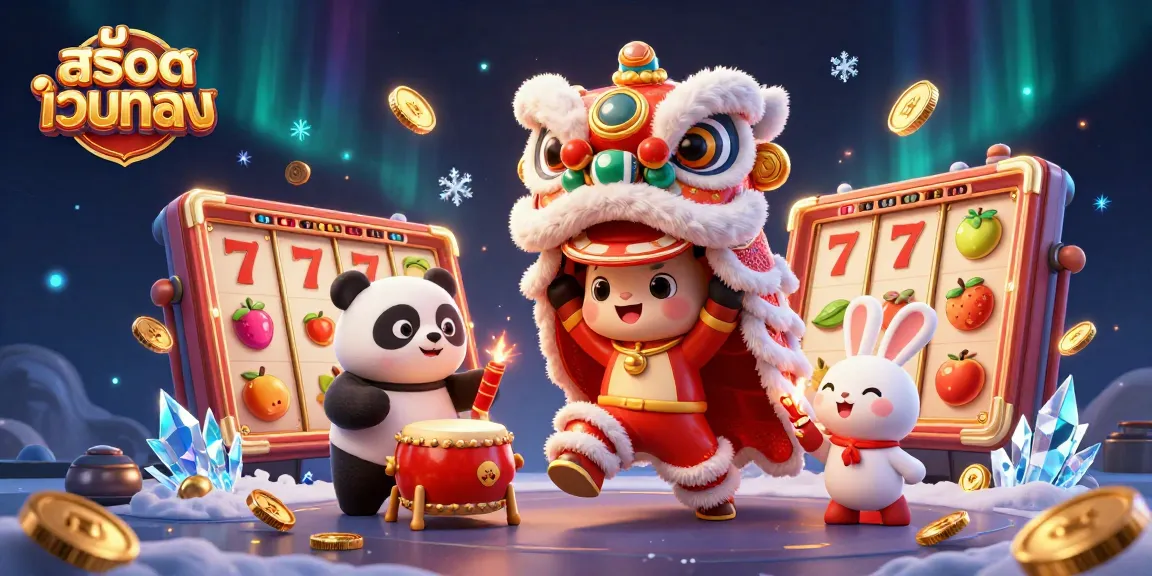 Engage with สล็อตเว็บตรง in this vibrant 3D illustration featuring a lively lion dance and casino elements.
