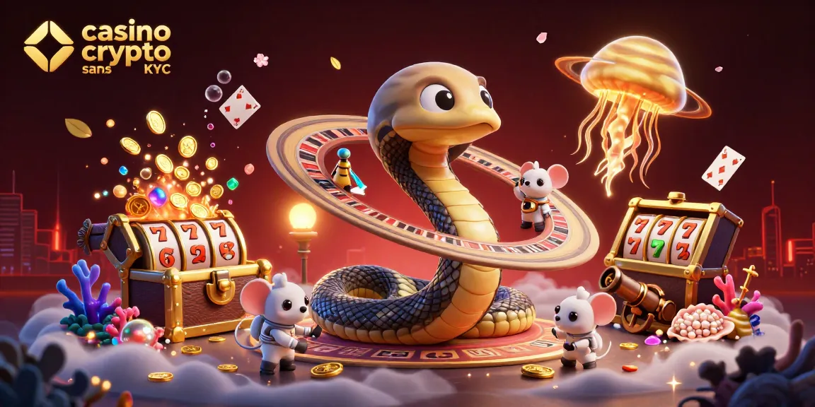 Plongez dans l'univers du casino crypto sans KYC avec un serpent saturnien jouant à la roulette.