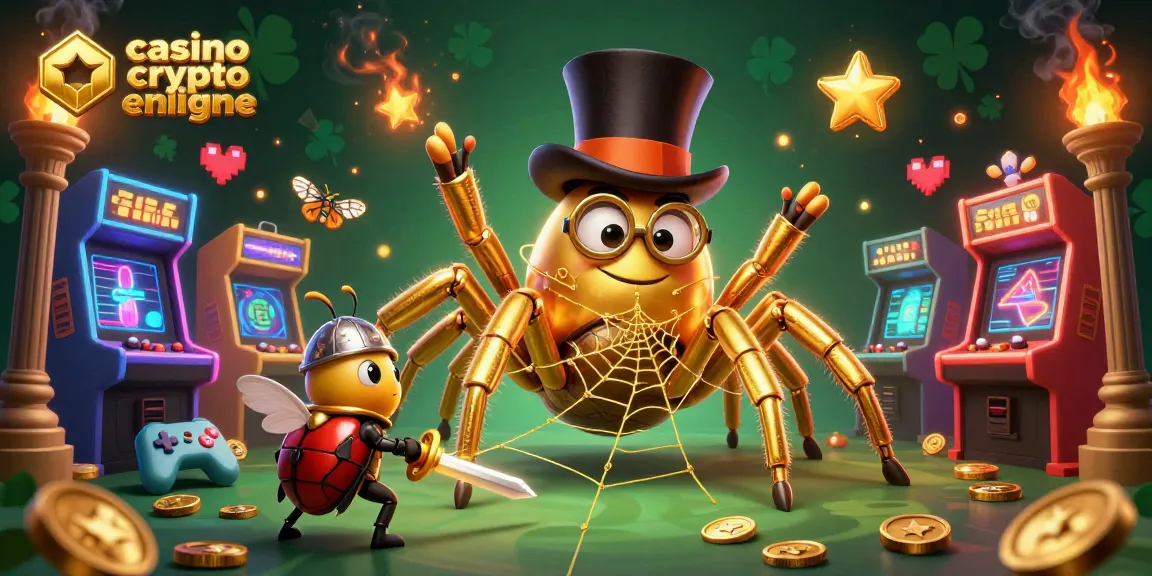 Un casino crypto en ligne captivant avec une araignée dorée et un chevalier, entouré de jeux lumineux.