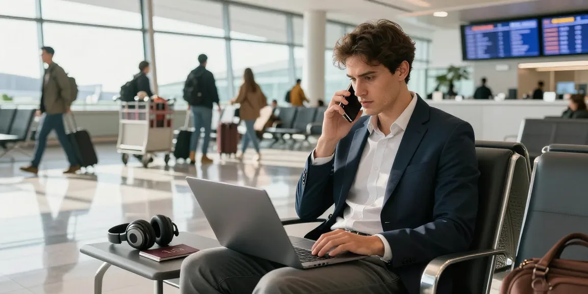 International calls from an airport lounge, showcasing a professional making connecting calls amidst travel essentials.