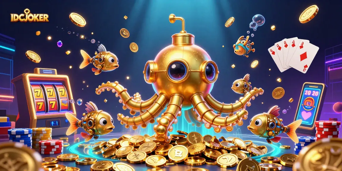 Experience the thrilling world of IDCJOKER with dynamic slot reels and golden kraken in a vibrant casino scene.