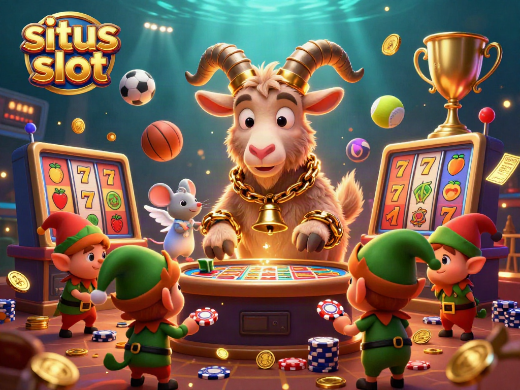 Engage in thrilling situs slot gameplay with Krampus goat and mischievous gremlins amid slot reels and sports elements.