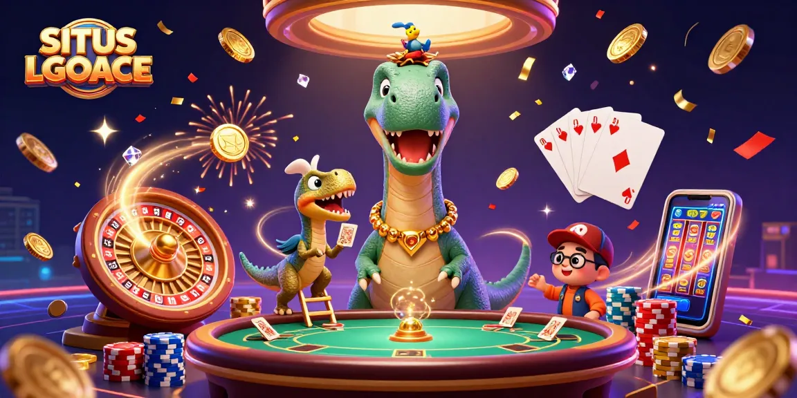 SITUS LGOACE showcases a fun, vibrant casino scene with animated dinosaurs, poker action, and slot excitement.